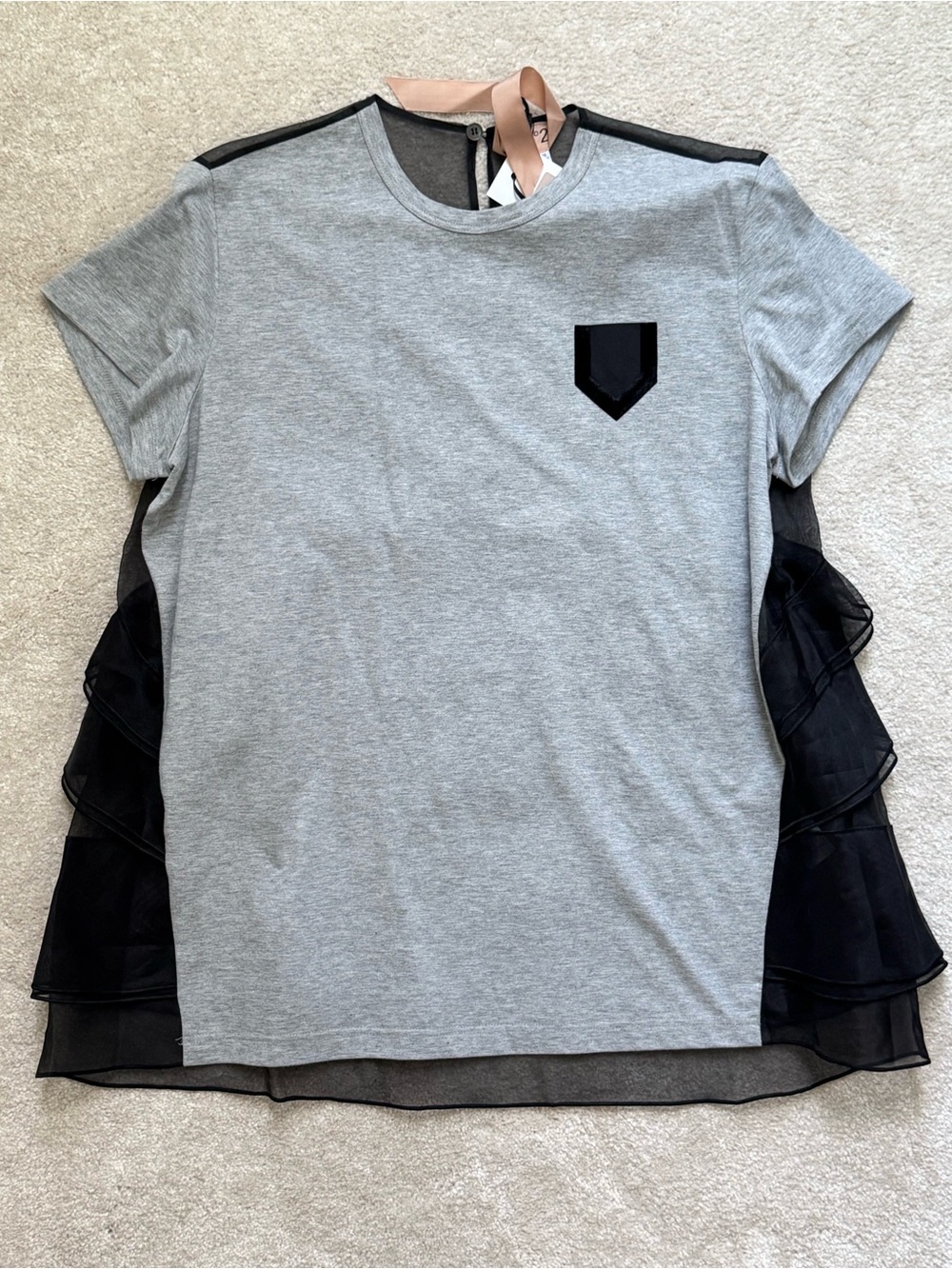 N°21 Gray Mixed Media Organza Silk Ruffle Back Tee Top - IT 44 - US 8 - NWT
